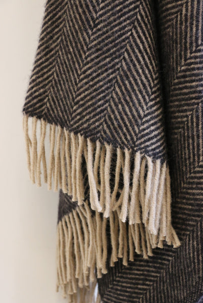 Wool Herringbone Throw in Vintage Black and Beige