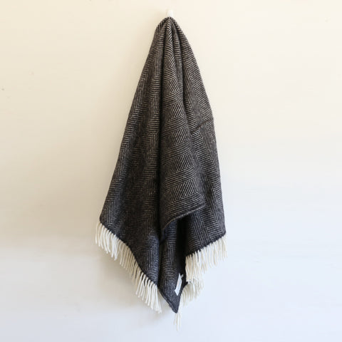 Wool Herringbone Throw in Black and White