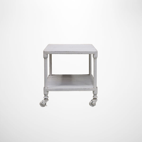 Industrial Square Side Table with Shelf in White Wash