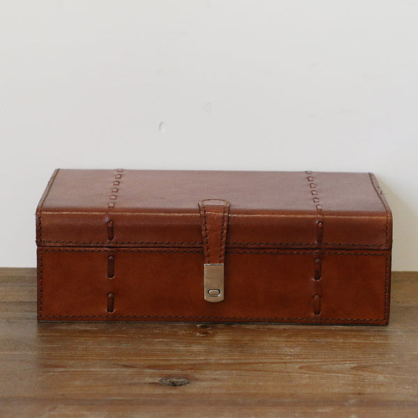 Tan Leather Box with Stitch Detail - Medium